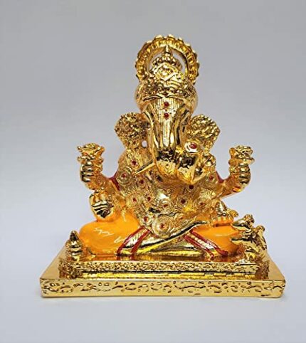 Efinito Dagdusheth Ganesh Idols Gold Plated dagdusheth ganpati murti for Car Dashboard, Office Desk & Home Gold Plated Ceramic (Gold)
