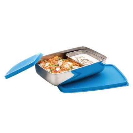 Efinito WARE Stainless Steel Compact Small Steel Lunch Box (150Ml+550Ml Compartments With Airtight Lid, Set Of 2|Blue)