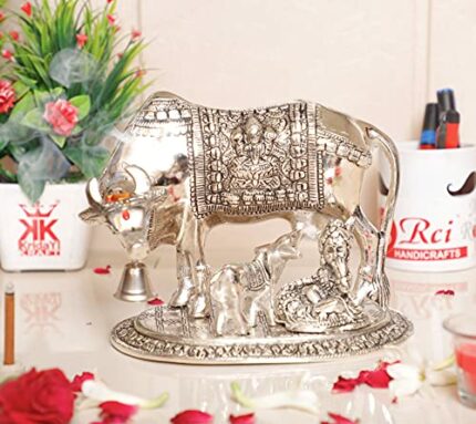 Efinito Metal Kamdhenu Cow & Calf with Bal Gopal Krishna Statue for Good Luck (Silver, 19 x 13.5 x 17 cm)