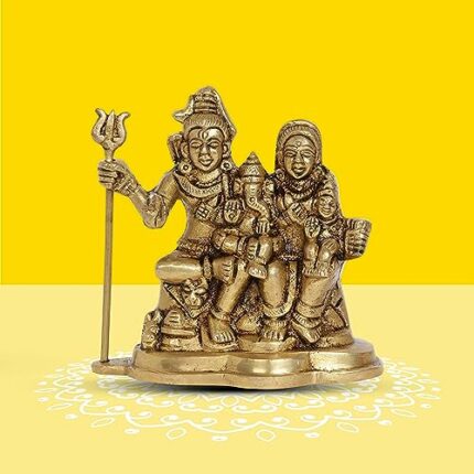 Efinito 100% Pure Brass Lord Shiva Parivar Idol | Shiva, Parvati, Ganesha and Kartikeya Statue for Desk and Home Mandir | Yellow Antique Finish
