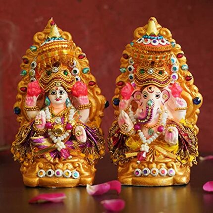 Efinito Lord Laxmi Ganesh Pair Murti Mitti Terracotta Clay Idol Statue Showpiece (12.7 cm x 7.6 cm) - Diwali Decoration Items for Home Decor Mandir Temple Pooja Room Table Office Gifts