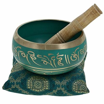 Tibetan Singing Bowl Set Green - Om Mani Padme Hum - Includes 5.5" Singing Bowl, Cushion & Mallet - For Healing Meditation Prayer and Yoga