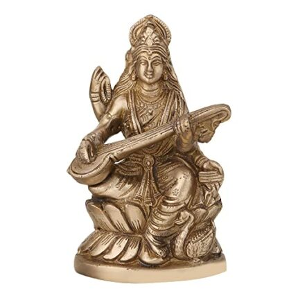 Efinito Brass Saraswati with Veena Sitting on Lotus Showpiece Figurines | Saraswati Playing Sitar | Devi Siddhi Idol for Puja Size - 6In