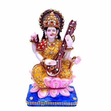 Godmurti64- Goddess Maa Saraswati Idol, Saraswati Murti Figurine Religious Pooja Gift Items and Murti for Mandir/Temple/Home/Office (LXWXH-08CMX10CMX18CM)(Stone Work)(POLYRESIN)(Yellow Color)