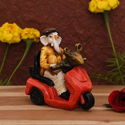Efinito Shri Ganesh on Scooter Statue Showpiece - Lord Ganesha Idol for Gift - Handcrafted Ganesha Idol Sculpture | Showpiece for Home Decor and Office Desk (Size 4.5 x 4.5 Inches).