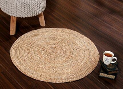 Efinito Jute Rugs Handcrafted,Woven & Reversible Design Jute & Cotton Braided Round Carpet Door Mats,Natural (90 cm, Beige)