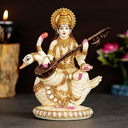 Efinito Goddess Maa Saraswati Idol on Swan Hindu Goddess of Knowledge Statue Showpiece Marble dust Figurine Big Saraswati Statue for School Office