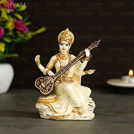 Efinito Goddess Saraswati Maa Idol Marble Dust Goddess Sarasvati Murti Figurine Devi Maa Saraswati Statue For School Office Table( Off White, Pack Of 1)