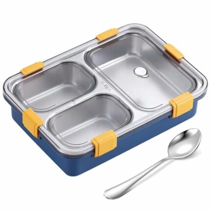 Efinito 3 Compartment Stainless Steel Lunch Box, Leakage Proof Lunch Box For School Kids And Adults Pack Of 1 Blue,750ML