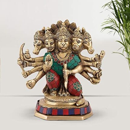 Efinito Brass God Lord Panchmukhi Hanuman Bajrangbali Bhagwan Sitting Color Idol Religious Home D?cor Office Mandir Murti Puja Height 7 Inches