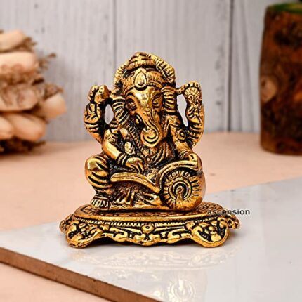 Efinito Designer Metal Lord Ganesha Statue Golden Brass Hindu God Ganesh Ganpati Sitting Idol Blessing Ganpati Sculpture for Home Diwali Puja Home Decoration Festival Gifts