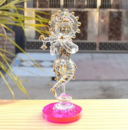Efinito Crystal Krishna Kishan Murti Idol Statue Sculpture for Car Dashboard and Gifting Purpose with Sticky Tape (5 Inch,Pink)