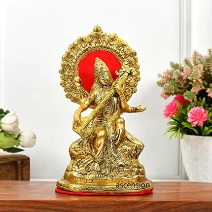 Efinito Gold Plated Saraswati Maa Metal Idol, Hindu Goddess Saraswati MATA Murti for Pooja Room Home Study Room Table Decorative,Showpiece Figurines,Religious Idol Gift