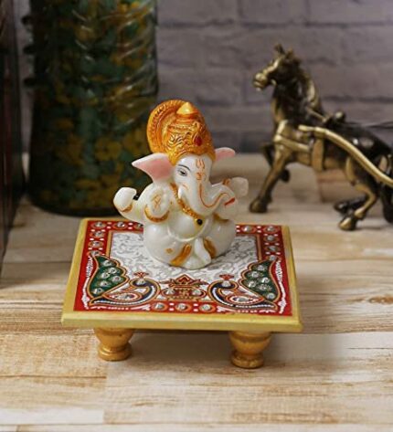 Efinito Lord Ganesha with Crown on Marble Chowki (LxWxH - 4INx4INx4IN)