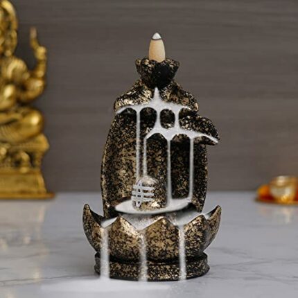 Efinito Polyresin Shivling Backflow Smoke Incense Holder/Smoke Fountain for Home with Free10 Scented Incense Cones| Shiva Smoke Fountain | Shivling for Home Puja (Black,Gold 7 Inches)(Conical)