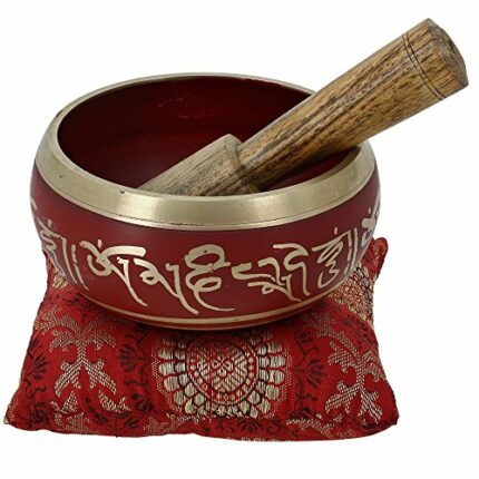 Tibetan Singing Bowl Set - Red Meditation Bowl for Mindfulness, Music Instrument with Brass Bowl, Wooden Stick & Cushion | Efinito Relaxation & Yoga Accessories - 4inch