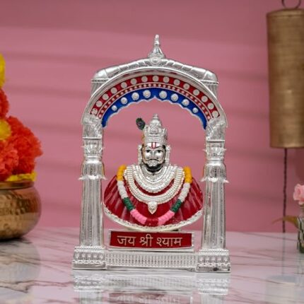 Efinito Pure Silver Coated Khatu Shyam Ji Murti Idol - Khatu Shyam ji Idol (Haare ka Sahara), Shyam Baba Murti Idol for Peace & Positivity (with Mandapam)