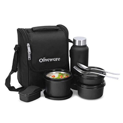 Efinito Teso Pro Lunch Box with Steel Cutlery,3 Microwave Safe Inner Steel Containers with Bpa Free Lids(290Ml,450Ml&600Ml) Plastic Pickle Box(130Ml) Steel Water Bottle(750Ml)-Black,600 ML