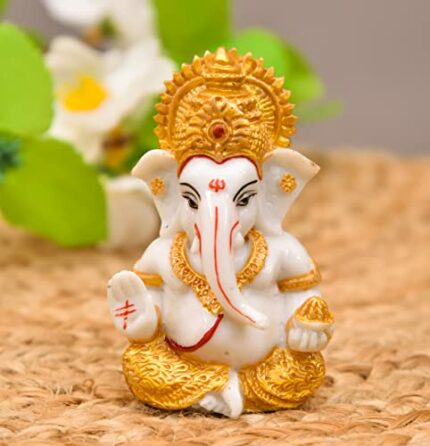Efinito Polyresin Hand Printed Ganesh ji Idol Marble Dust for Car Dashboard | Pooja Room I Home Temple Decoration Items I God Idols I Statue I (Size :: 3 x 2 Inches)