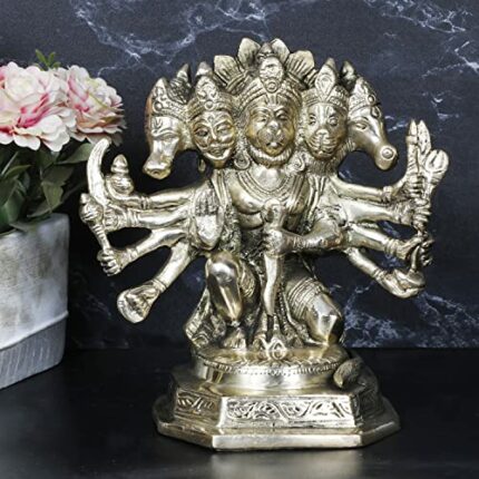 Efinito Brass Panchmukhi Sitting Bajrangbali Lord Hanuman Idol for Spiritual Protection Showpiece Statue for Home Office and Gifting Height 7 Inches
