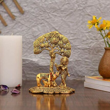 Efinito Gift Items Metal Krishna Idol Murti with Kamdhenu Cow - Gold Plated Showpiece Articles for Home Decor, Office,House Warming (Set of 1)