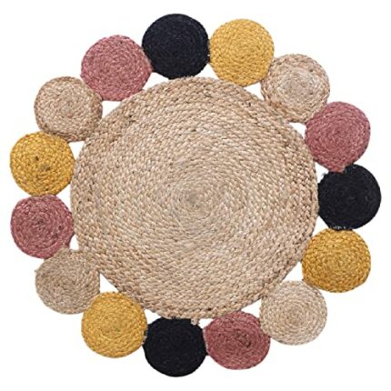 Efinito Hand Woven Carpet Rugs|Natural Solid Braided Jute Door mat|Multicolor Circle Border for Bedroom,Living Room,Dining Room,Yoga,74x74 cm,(Brown)