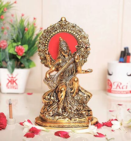 Efinito Gold Plated Maa Saraswati Metal Statue,Hindu Goddess Saraswati ji Murti for Pooja,Meditation,Office,Home,Study Table Decorative,Showpiece Figurines,Religious Idol Gift Article...