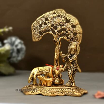 Efinito Designer Metal Lord Metal Cow Calf and Krishna Idol Showpiece Under Tree Sculpture for Home D?cor Home Diwali Puja Home Decoration Festival Gifts