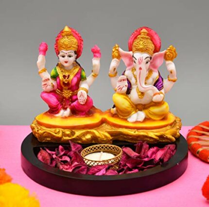 Efinito Polyresin Laxmi Ganesha Pair Idol Showpiece Sculpture Statue Lakshmi Ganapati Murti with Pavti for Home D?cor and Gift (Multicolour)