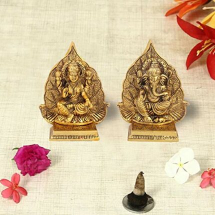 Efinito Antique Gold Plated Metal Lakshmi Ganesh Pair with Leaf Background, 5 inch, 2 Piece