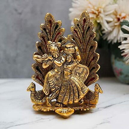Efinito Handicraft Radha Krishna Idol Showpiece Statue with Peacock Design Diya for Puja and Home Decor (8 x 6 Inches), Metal, Gold (1)