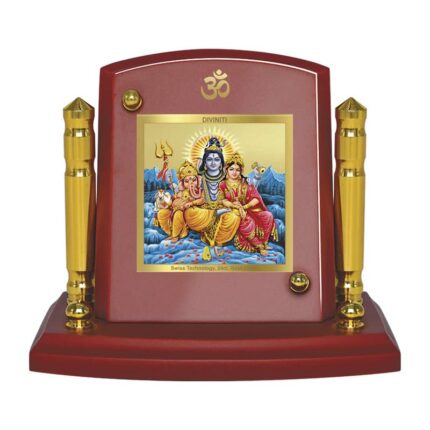 Efinito Lord Shiva's family Idol Photo Frame for Car Dashboard, Table D?cor|MDF 1B P+ wooden Frame, 24K Gold Plated Foil and Engraved Pillars of Brass|Idol for Pooja, Gifts Items (7x 9CM)
