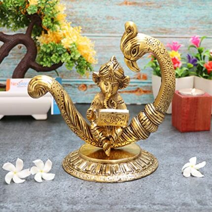 Efinito Metal Purely Handcrafted Ganesh Idol Ganpati Showpiece, Height 16 cm, Gold Antique, 1 Piece