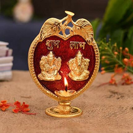 Efinito Laxmi Ganesha Diya Idol Statue- Brass Gold Finish Diya Oil Lamp Ganesh Lakshmi Showpiece Shubh Labh Home Office Decor Pujan Puja Diwali Decoration (Golden)