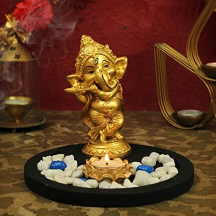 Efinito Ganesha Statue Playing Bansuri with with Wooden Flower Tealight Candle Holder Colorful Stones and Wooden Base - Diwali Decoration Items for Home Gifts Set