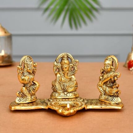 Efinito Diwali Gift Items Laxmi Ganesh Saraswati Metal Murti Idol with Diya Showpiece, Diwali Decoration Items for Home Decor, Diwali Gift for Family Friends and Corporate Office,Golden Pooja