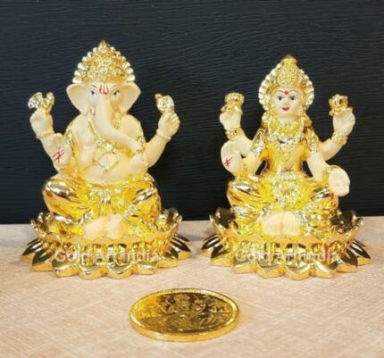 Efinito Gold Plated laxmi Ganesha Idol with Off White Terracotta Work with Gold Plated Coin | for Diwali | Laxmi poojan | Diwali Pooja | Gifting (New Kamal Laxmi Ganesha Gold)