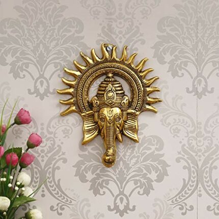 Efinito Golden Lord Ganesha with Sun Decorative Metal Wall Hanging Art Decorative Showpiece for Wall Decor, Festival Home Decor Pooja Room Temple & Gift for Family, Friends, Housewarming