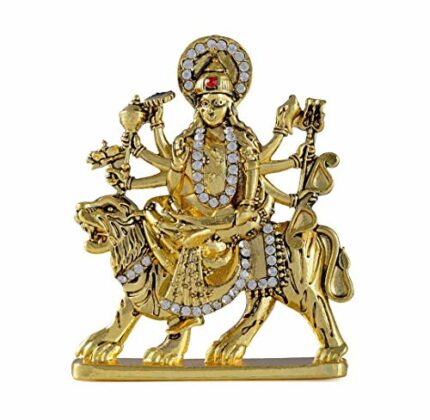Efinito Goddess Maa Durga Sherawali MATA Idol on Lion (R-69) Gold Metal Statue for Car Dashboard | Mandir Pooja Murti | Temple Puja | Home Decor | Office Table Showpiece (L*B*H-6.2 x 1 x 7.5 Cm)