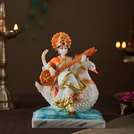 Efinito Marble Dust Goddess Maa Saraswati Idol Statue Hindu Goddess MATA Saraswati ji Murti for Pooja Meditation Office Home Study Table Decorative Figurines Religious Idols, White
