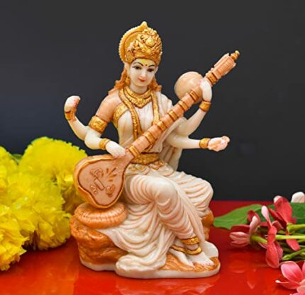 Efinito Saraswati Ji Polyresin Marble dust Murti for Pooja Room I Home Temple Decoration Items I god Idols I Statue I God Idols I Home Temple Decoration Items (Size :: 6x3 Inch), Gold