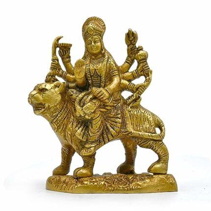 Efinito Metal Brass Statue Idol of Goddess Durga Maa/Sherawali Ambe Rani/Ambe Maa/Durga Idol Sitting on Lion for Home Mandir Office Living Room Shop Gift Navratri Puja (Lxbxh - 4 X 2 X 5.25)