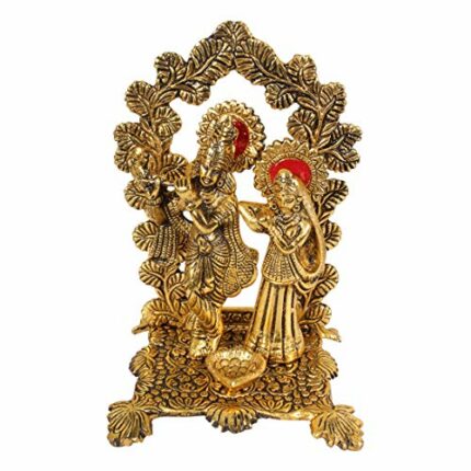 Efinito Metal Lord Radha Krishna Idol with Diya and Mehrab Frame Handmade for Home Puja Decor Article (12.5X12X18 CM, Golden)