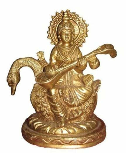 Dharmik Pooja StoreAstadhatu Made Maa Saraswati Idol Sitting on Hans/Saraswati MATA Brass Idol/Devi Saraswati Siddhi Idol for Puja (6 cm)