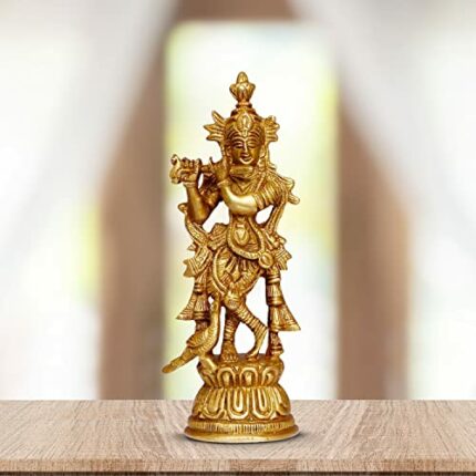 Efinito Religious Lord Large Krishna God Murti Brass Metal Statue of Love Flute Playing Home D?cor Living Pooja Room Mandir Temple Height 6.75 Inch