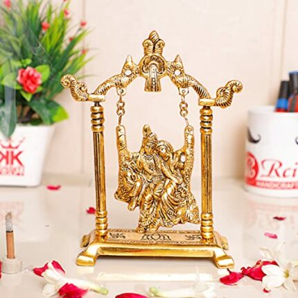 Efinito Radha Krishna on Swing jhula Metal Statue Gold Plated Decor Your Home,Office & Radha Krishna Murti,Showpiece Figurines,Religious Idol Gift Article...