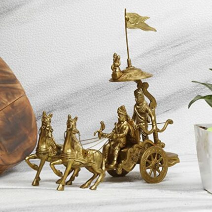 Efinito Mahabharat/Geeta Arjun Chariot (Rath) with Krishna & Hanuman: Sculpted in Solid Brass Metal | Lord Krishna Arjun Rath Idol Showpieces