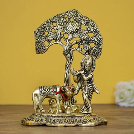Efinito Lord Krishna Playing Flute Under Tree with Golden Cow and Calf Showpiece