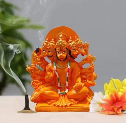 Efinito Orange Panchmukhi Hanuman Statue Marble Resin for Pooja Gift Showpiece Vastu , Home Decor Murti 6 Inch Idol