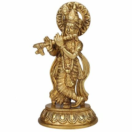 Efinito Brass Krishna Bhagwan Murti Idol in Flute Playing Posture on Beautiful Pedestal Home Decor Entrance Statue Office Table Height 8.5 Inch